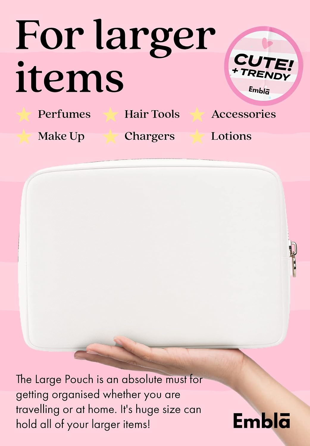 Embla Large Makeup Bag and Waterproof Nylon Travel Toiletry Bag, Large Capacity Cosmetic Zipper Pouch, White image 3