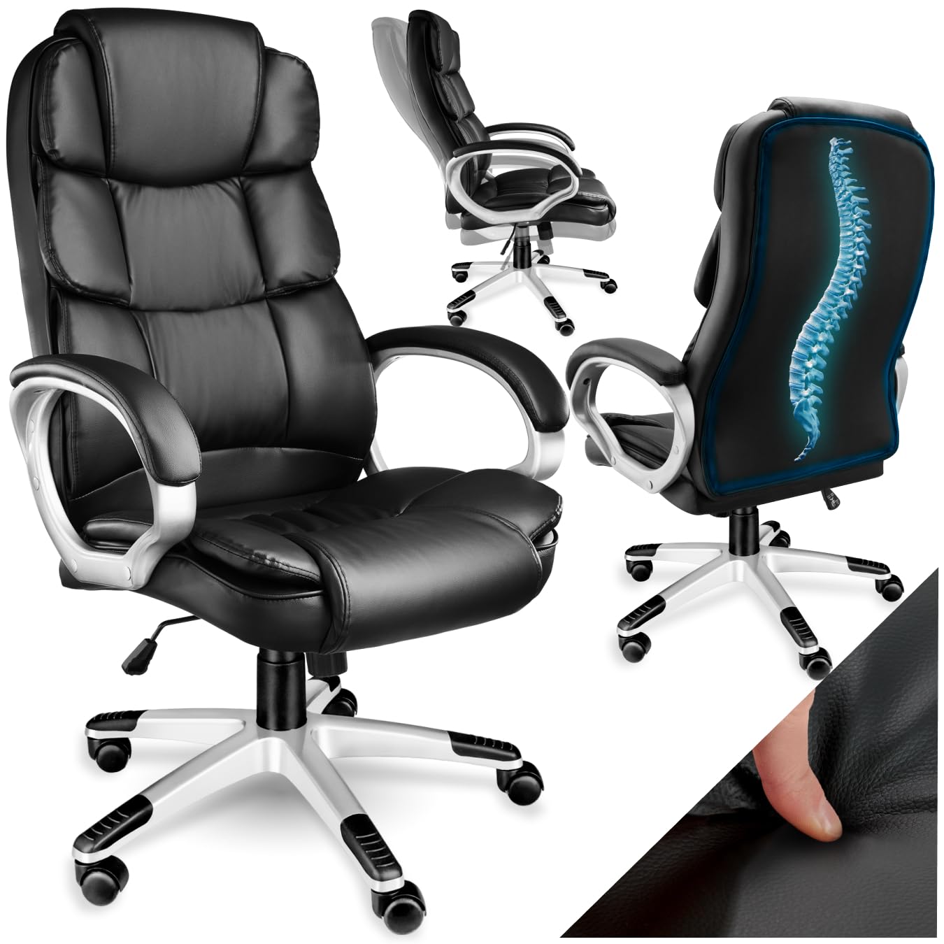 tectake® Chefsessel, Bürostuhl mit 12 cm Polsterung, Schreibtischstuhl mit Armlehnen & Wippfunktion, ergonomischer Bürostuhl, höhenverstellbar, PC Stuhl, Drehstuhl mit Rollen in Lederoptik - schwarz
