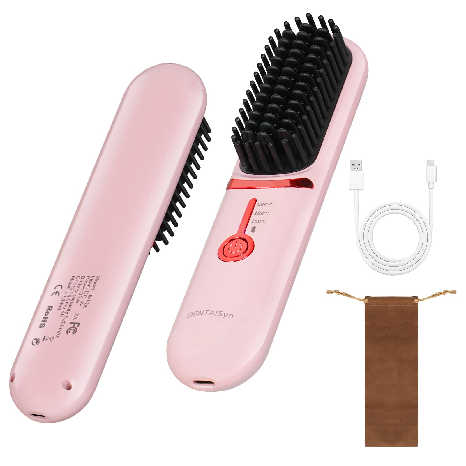 DENTAISyn Cordless Hair Straightener Brush - Portable Hair Brush for Travel - 30s Fast Heating - Portable Straightening Brush for Travel, Mini Hot Straightening Comb for Women