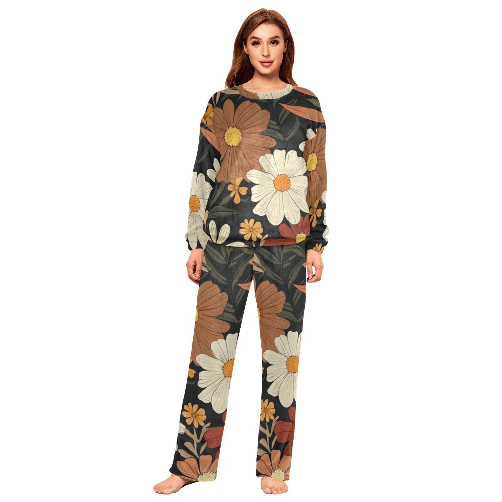 Pigiama da donna in morbido pile a due pezzi con fiori marroni retrò per donne a maniche lunghe girocollo set