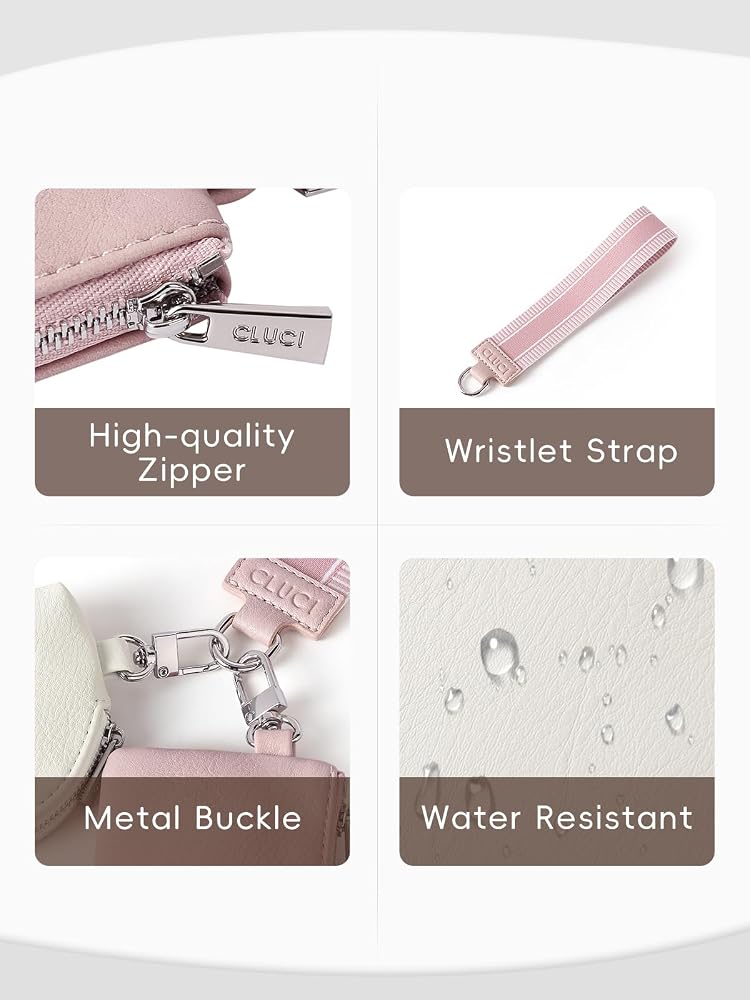 CLUCI Keychain Wallet for Women PU Leather Coin Purse Detachable Dual Pouch Wristlet Wallet Zipper Pocket Pink With Brown