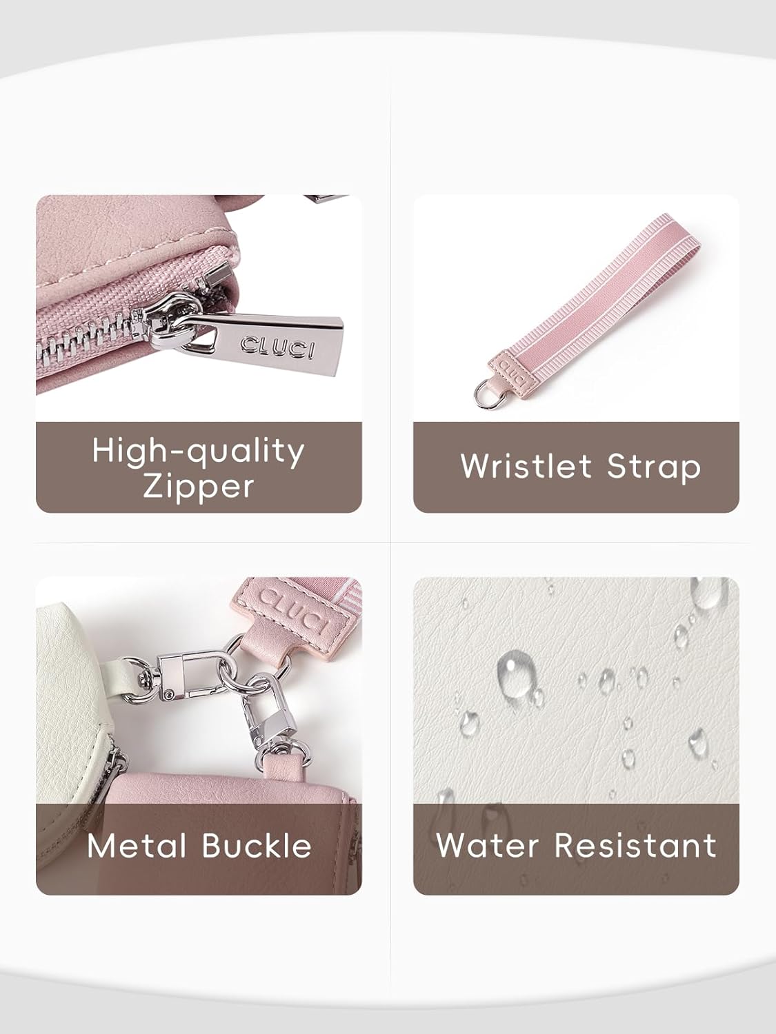 CLUCI Keychain Wallet for Women PU Leather Coin Purse Detachable Dual Pouch Wristlet Wallet Zipper Pocket Pink With Brown - Image 5