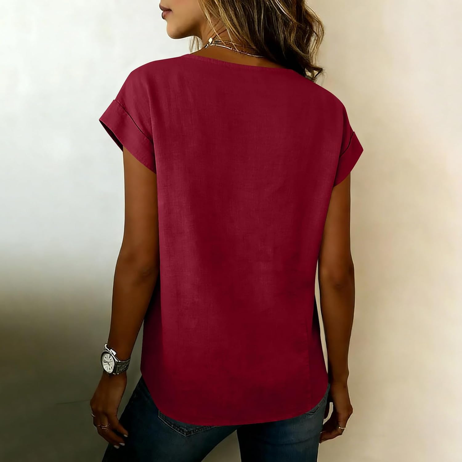 Gauze Shirts for Women:Fshion V-Neck Short Sleeve Cotton Linen Blouses Hiking Workout Gym Outfits 2026 Summer