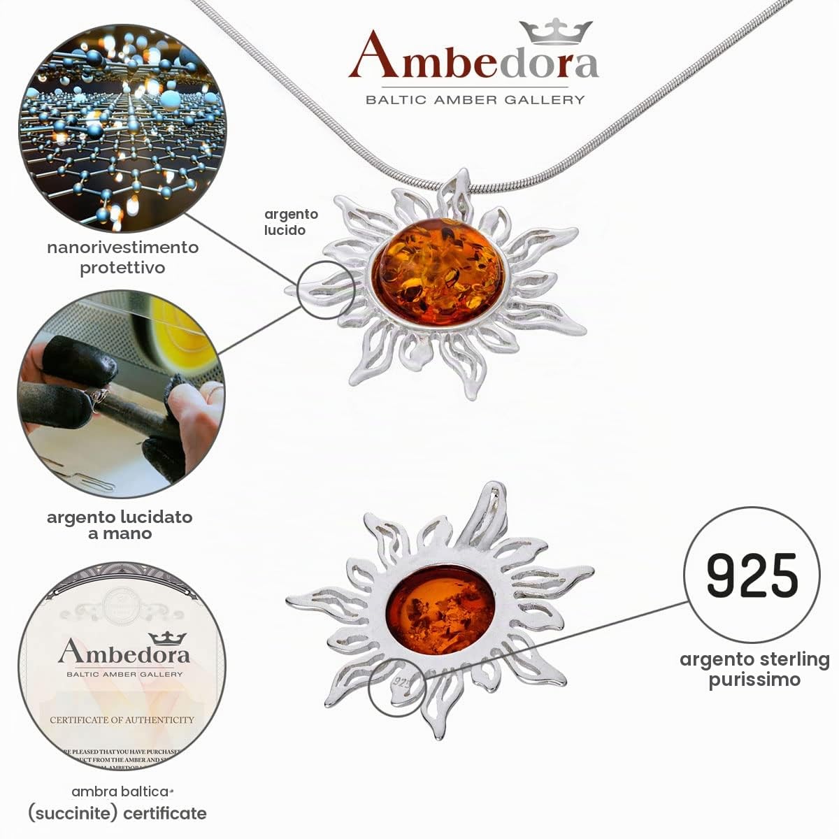 collana d'ambra da donna, argento 925, ciondolo a forma di sole d'ambra su catenina, set pronto da regalare
