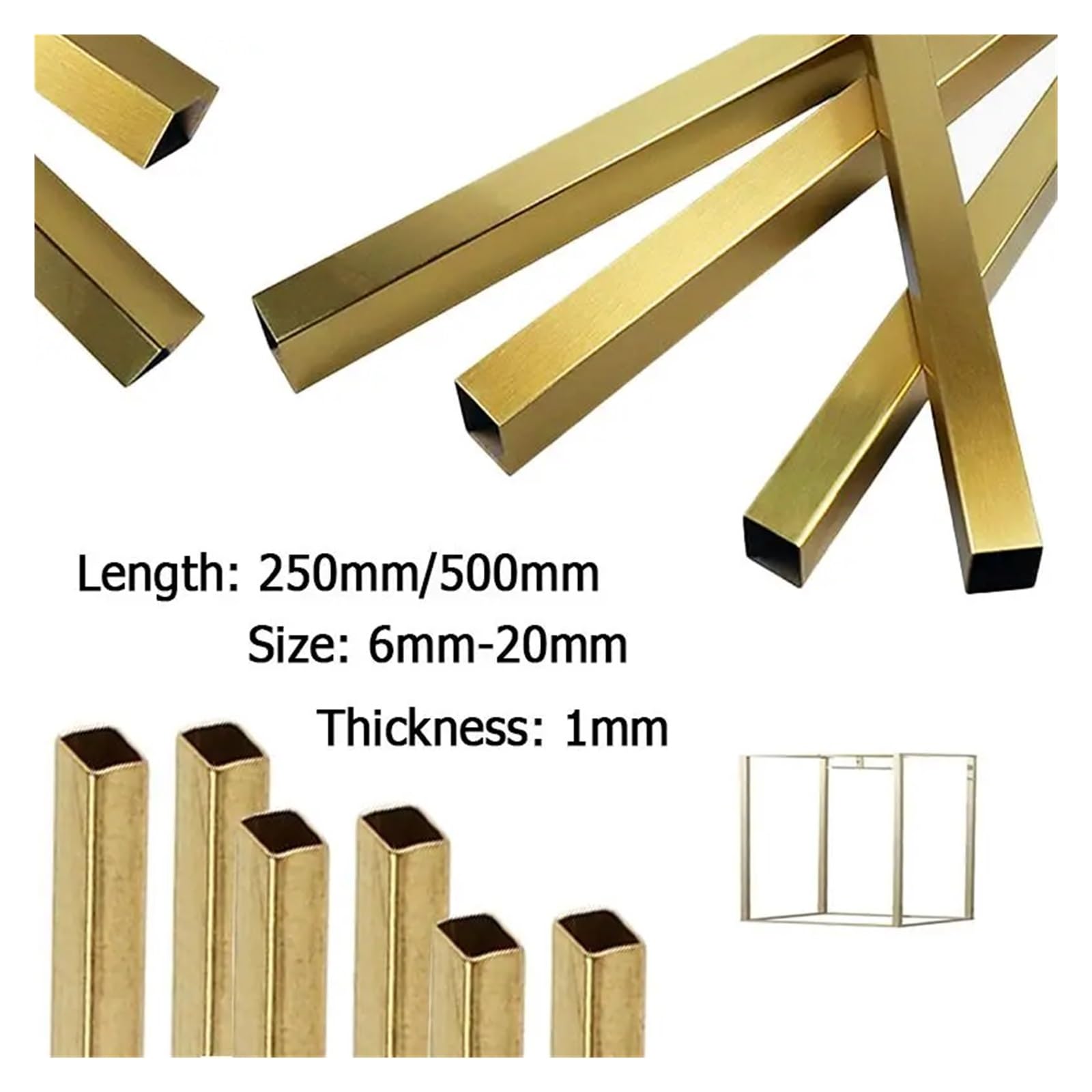 1 szt. mosiężna pusta kwadratowa rura 6 mm-20 mm x 250/500, solidna prostokątna do rękodzieła, modelarstwa, sprzętu(14x14x1x500mm 1pcs)
