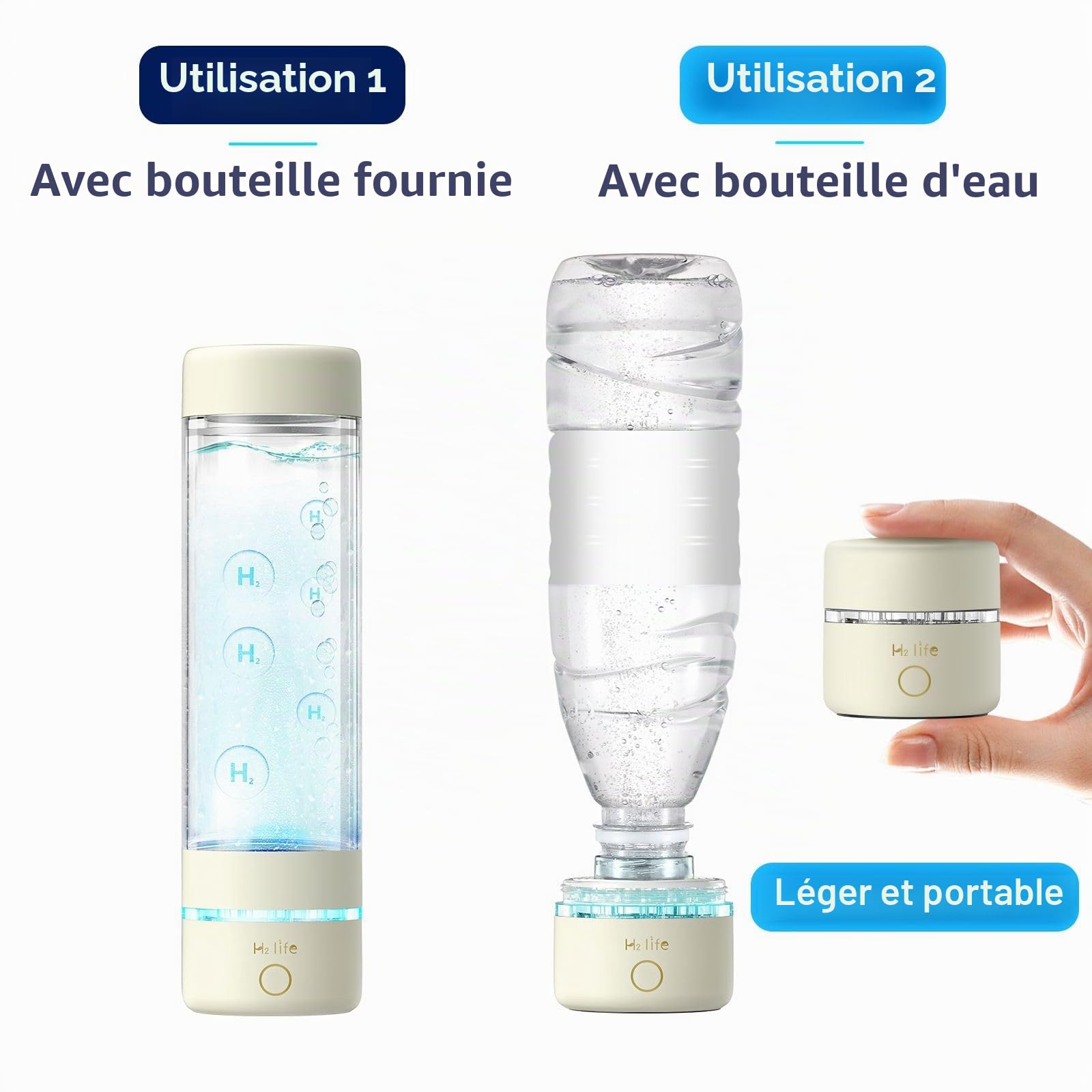 Bouteille d'eau hydrogène 3000 PPB Générateur d'hydrogène - Technologie SPE Pem - Portable - Rechargeable par USB (blanc laiteux)