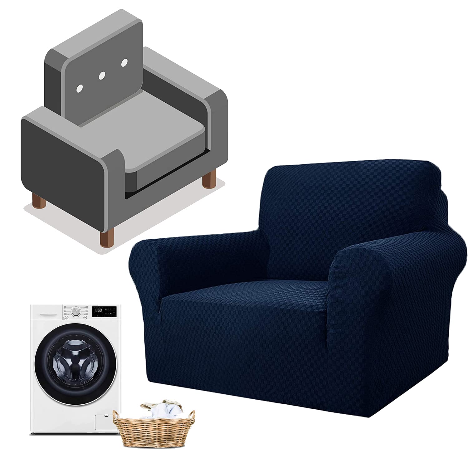 D&D Newest Jacquard Extra Large Sofa Covers for 3 or 4 Seater, Super Stretch Non Slip Couch Cover for Dogs Pet Friendly Sofa Slipcover Furniture Protector (1 Seater,Navy Blue)