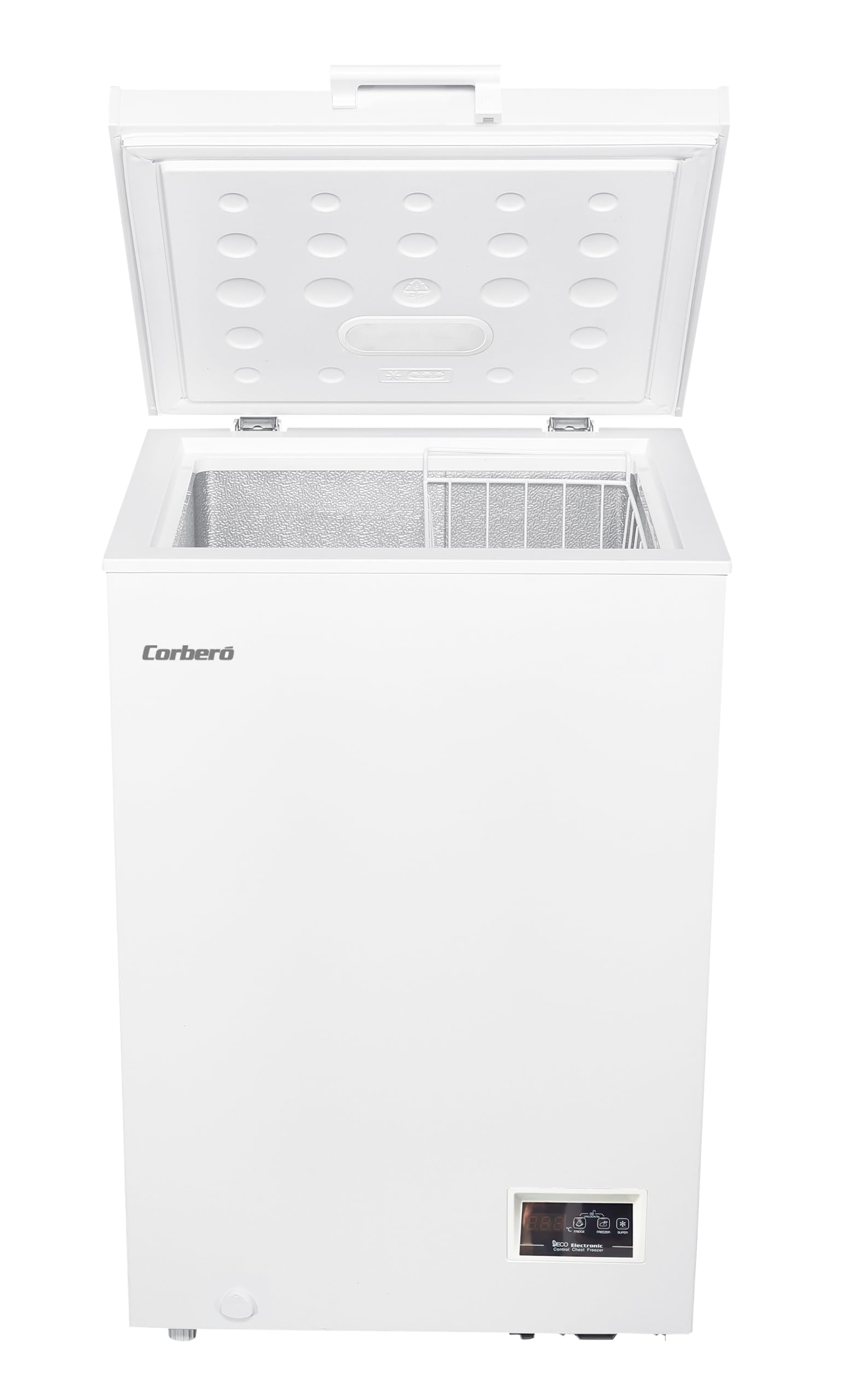 Corberó - Congelador Arcón 98L CCHH10023E | Control Electrónico con Display | Luces LED | 1 Cesta Interior | Ruedas y Patas Ajustables | 40 Db | Eficiencia Energética F, Blanco