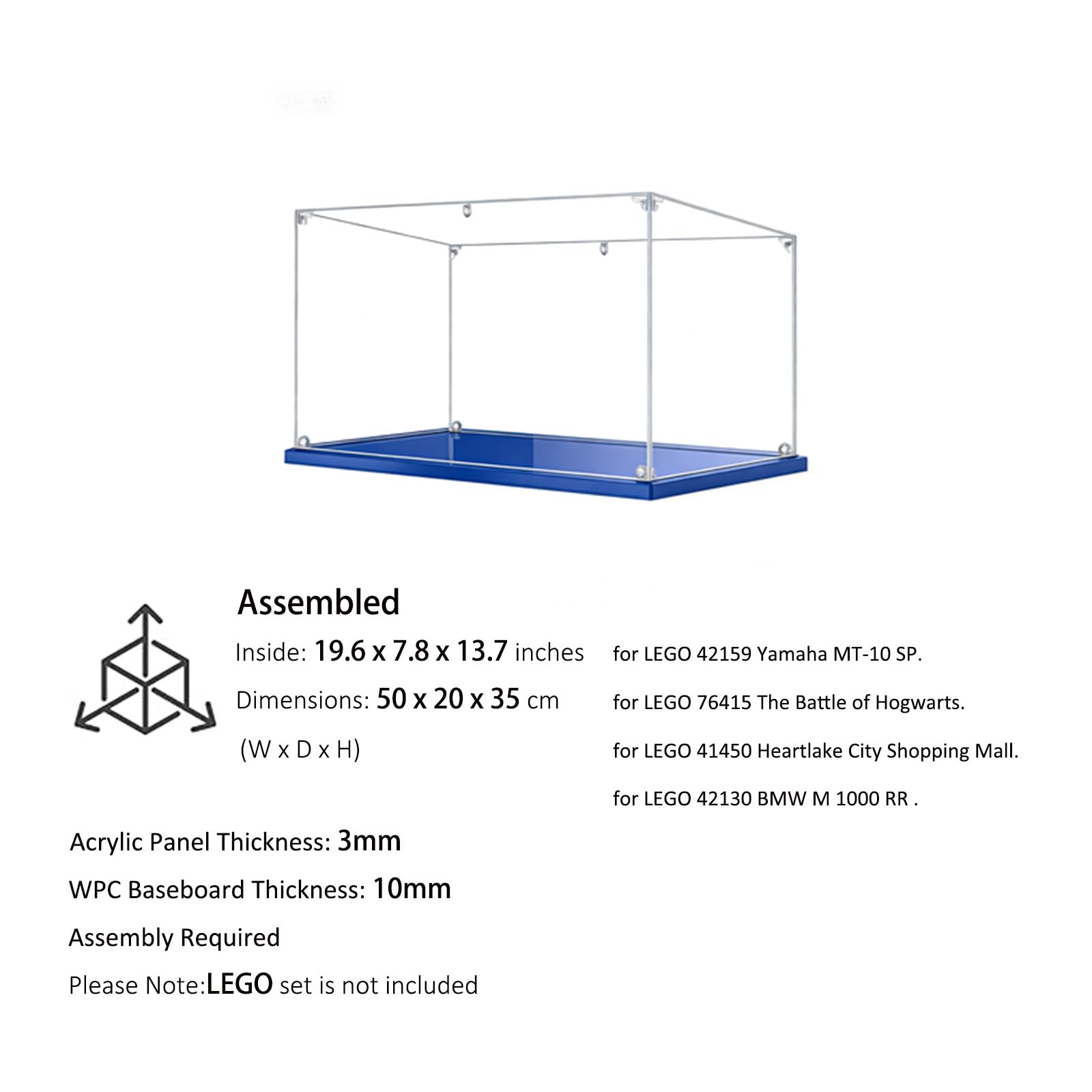 Vitrine en Acrylique Transparente Anti - poussière, Grande Boîte de présentatio pour Lego Model série 42159 76415 41450 42130. (50x20x35cm, Base Bleue)