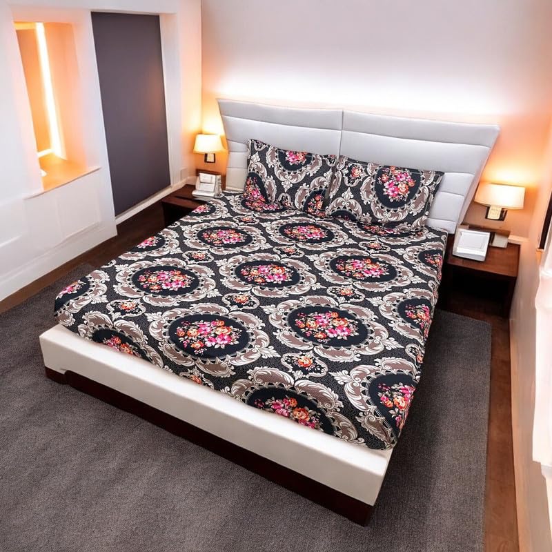 Image of Avinya 250 TC Premium 7D Printed Cotton Feel Elastic Fitted Single Size Bedsheet with 1 Pillow Covers |48 inch x 72 inch| Fits up to 6-Inch Mattress |7D Gulab