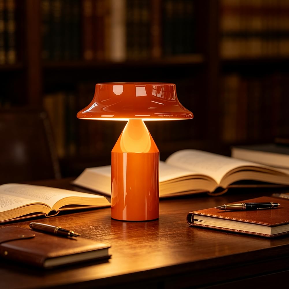 Lampada a LED a Forma di Fungo Arancione Ricaricabile Dimmerabile da Tavolo Senza fili con Comando Touch Ricaricabile Tramite USB Lampada a Batteria da 2000mAh in Metallo 3 Temperature di Colore