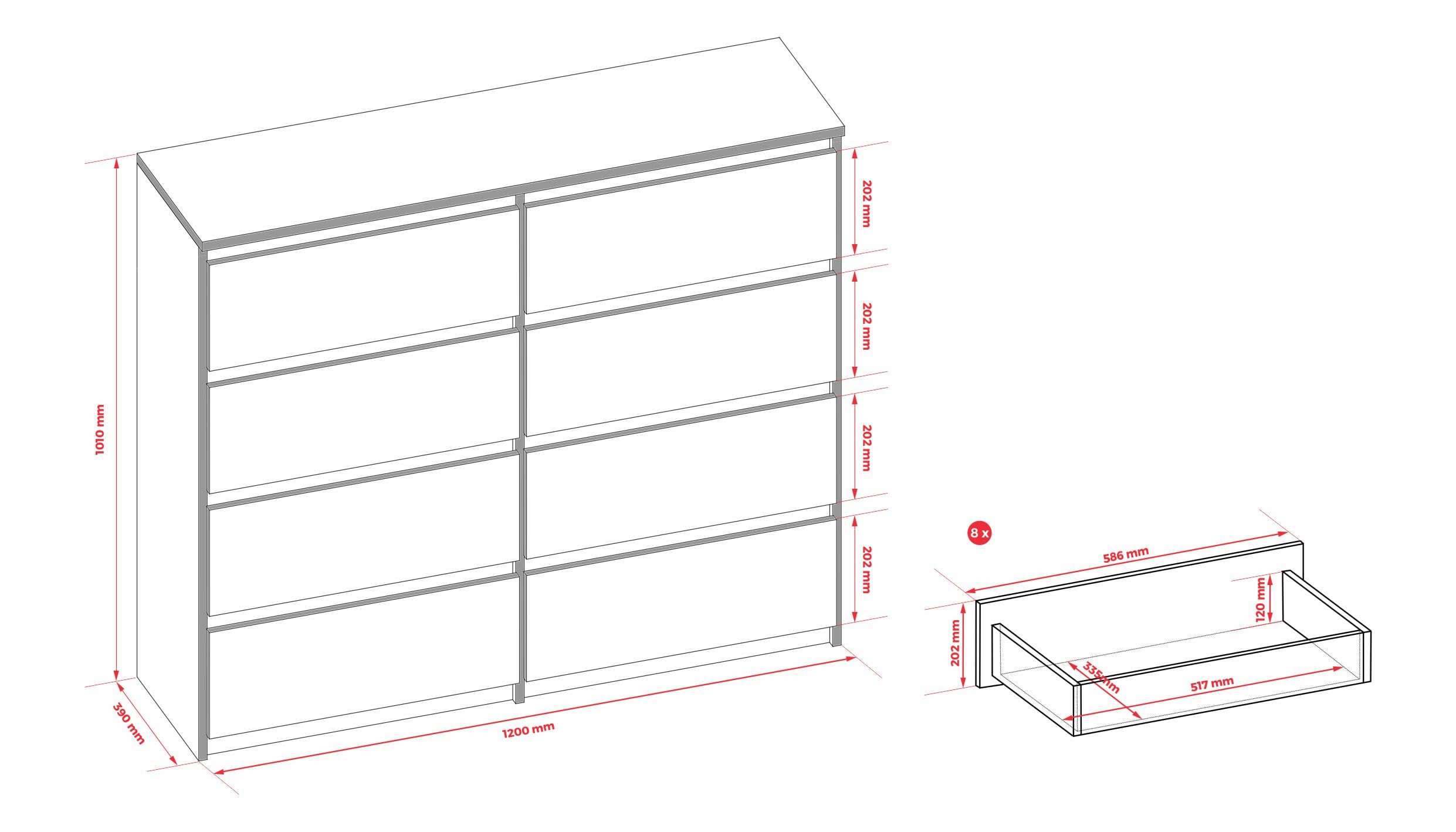 3E 3xE living.com Cassettiera con 8 cassetti 120 cm, Colore: Antracite, L: 120 cm, P: 39 cm, A: 102 cm
