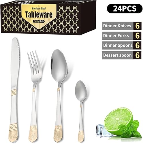 Miniatura 7 de Juego de cubiertos de 72 piezas para 18, juego de cubiertos de acero inoxidable, moderno juego de cubiertos con detalles dorados, cuchillo, tenedor,