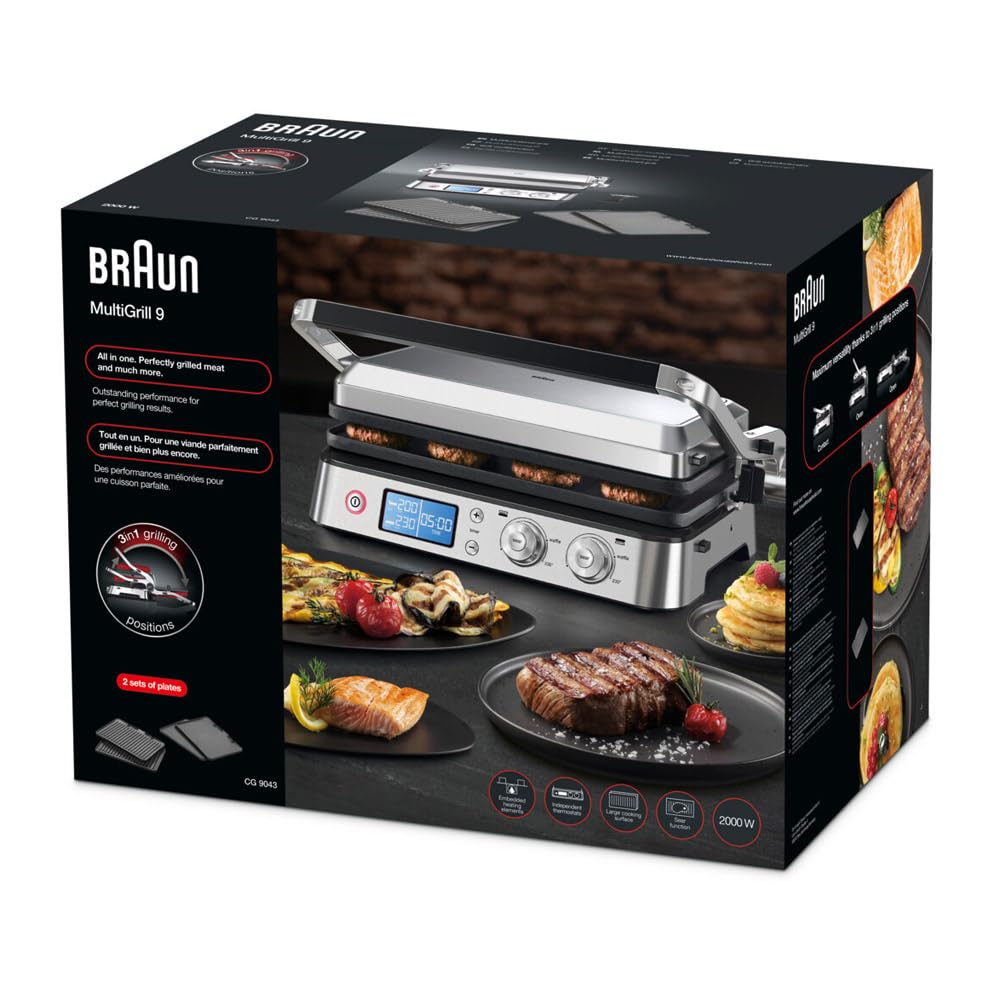Braun MultiGrill 9 CG 9043 Grill kontaktowy, w zestawie Płyty do grillowania i płaskiego, pozycje grilla: kontakt, grill, piekarnik, płyty odporne na zmywarkę, pojemnik na tłuszcz, maksymalna