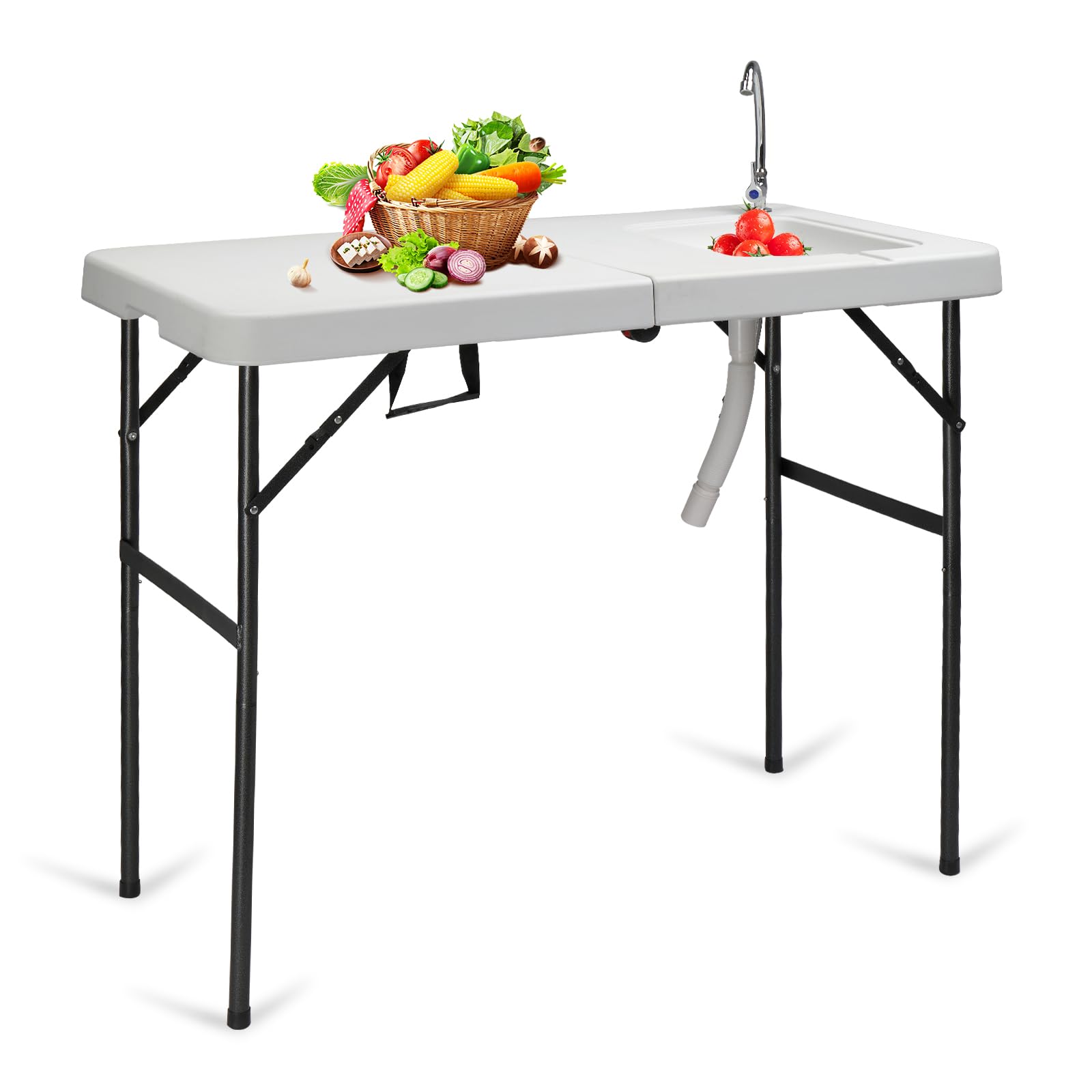 Bonnlo Klappbarer Fischreinigungstisch mit Spüle – Campingtisch Tragbar aus HDPE mit Wasserhahn, Ablaufschlauch, Filetiertisch für Picknicks, Camping, Grillen & Angeln, 114,5 x 58,5 x 94 cm, Weiß