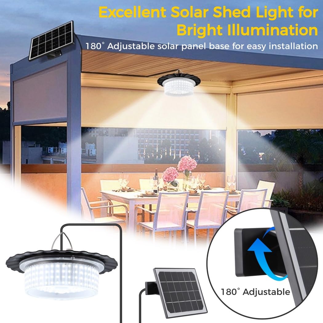 Solarna lampa sufitowa z czujnikiem ruchu z 5 trybami oświetlenia, 244 diody LED zasilane energią słoneczną do oświetlenia zewnętrznego, garażu i szopy