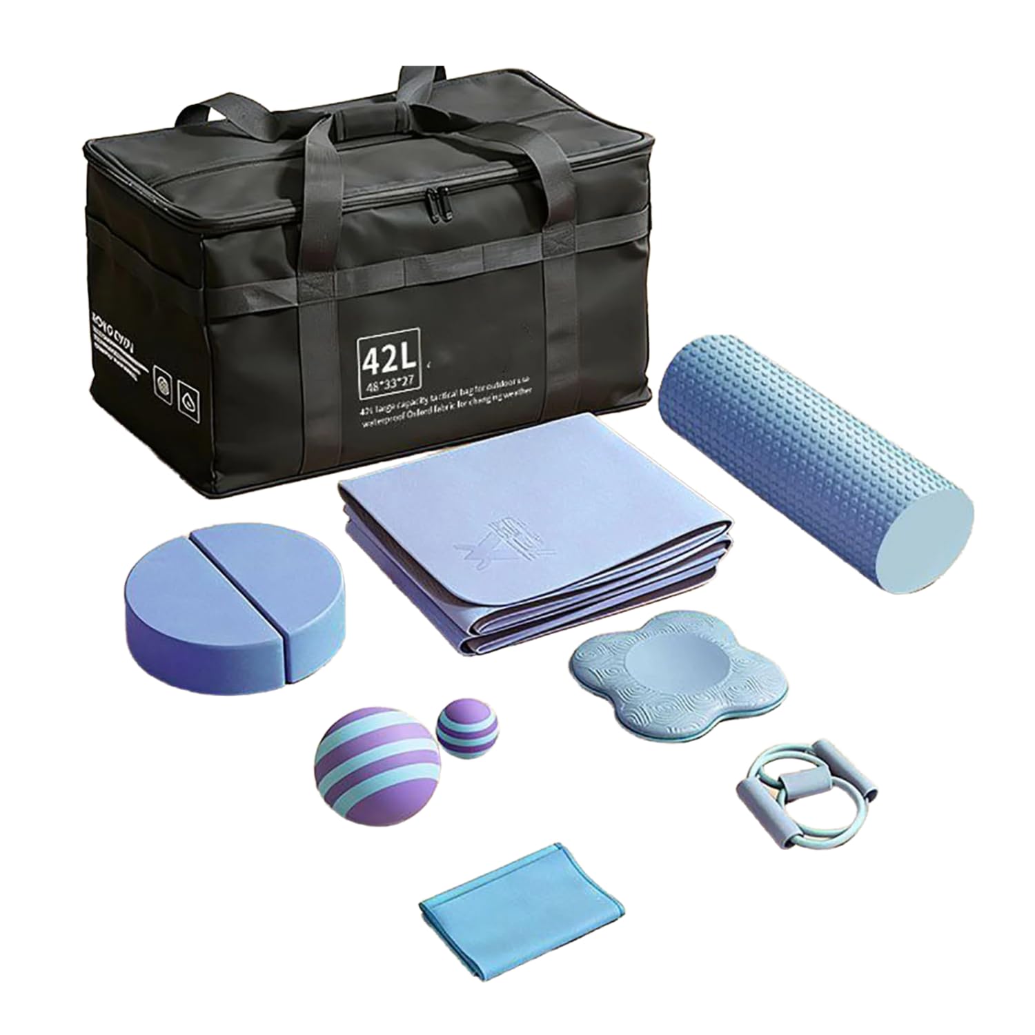 NILoykg& Juego de Yoga 7 en 1, Kit de Equipo de Yoga con Estera de Yoga Plegable, Rodillo de Espuma, Bloques de Yoga, Bandas de Resistencia, Correa de Estiramiento, Pelota y Bolsa de Transporte