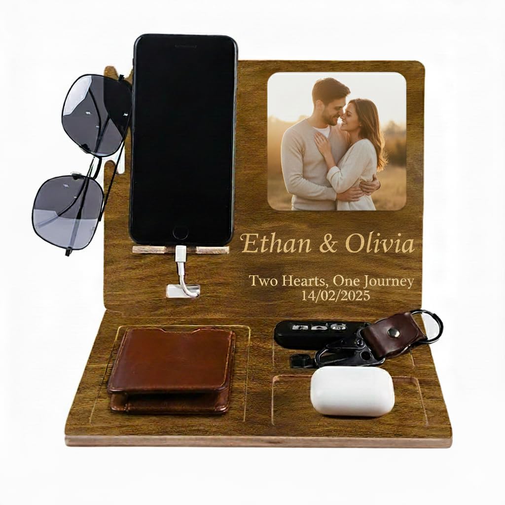 NAZENTI Personalized Wooden Docking Station for Men, Custom Engraved Phone Stand with Photo, Name Organizer for Wallet Keys Watch AirPods, Anniversary Keepsake for Him