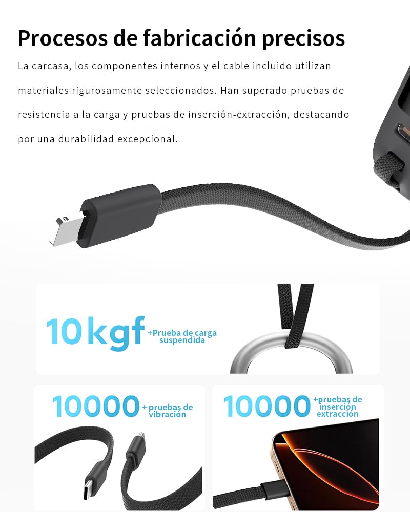 Batería Externa 12000mAh 44.4Wh PD 22.5W Carga Rápida USB-C Cargador iOS 3 Dispositivos Simultáneamente 2 Cables Integrados Compatible iPhone16,QC3.0,Salida USB-A/Type-C/iOS,Entrada Type-C,Plata