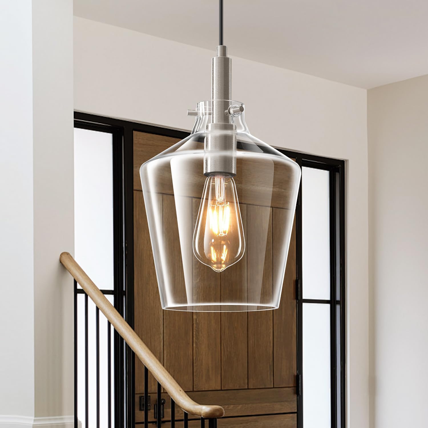 Modern Glass Pendant Lighting for Kitchen Island, Farmhouse Nickel Pendant Light Fixtures 1 Pack, Adjustable Hanging Ceiling Light Angled Clear Glass Shades 8 Inch Nickel-Clear Glass