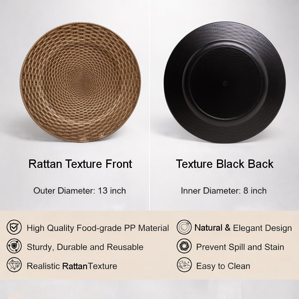 13in Charger Plates Set of 12- Faux Rattan Chargers for Dinner Plates- Brown Round Plastic Plate Charger- Farmhouse Rustic Table Charger for Wedding, Party,Halloween, Thanksgiving, Christmas