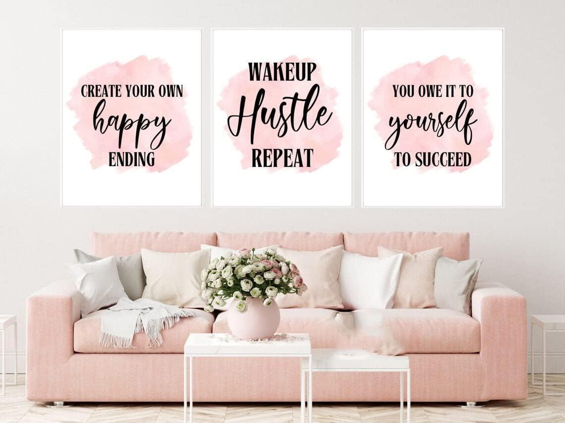 NATVVA 3 Pieces Pink Watercolor Boss Lady Wall Art Canvas Prints Pink Girl Boss Quotes Poster Painting Pictures for Pink Beauty Salon Decor with Wooden Inner Frame