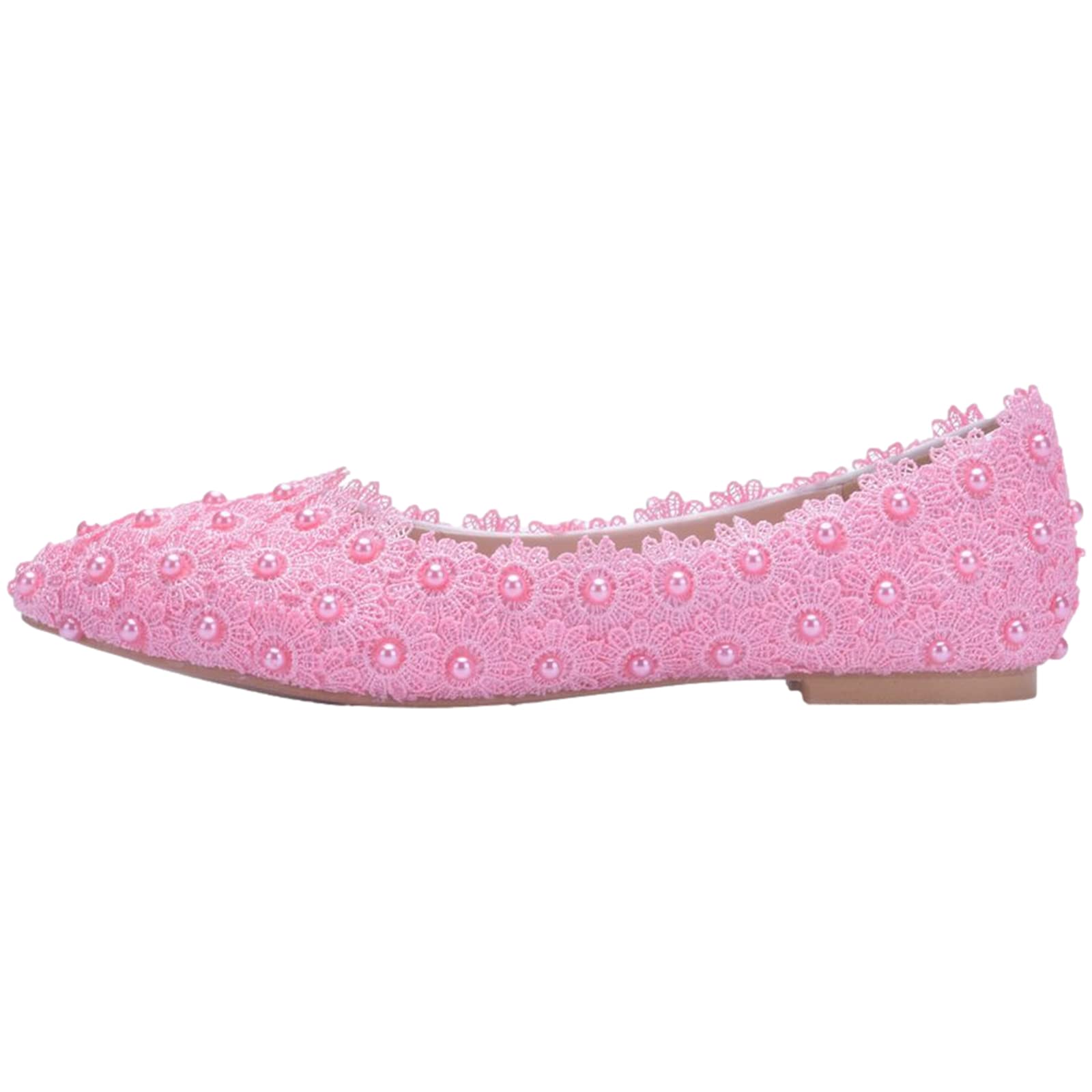 Damen Elegant Spitze Zehen Blume Spitzenbesatz Perlen Brautschuhe Pumps Weiche Sohle Ballerinas