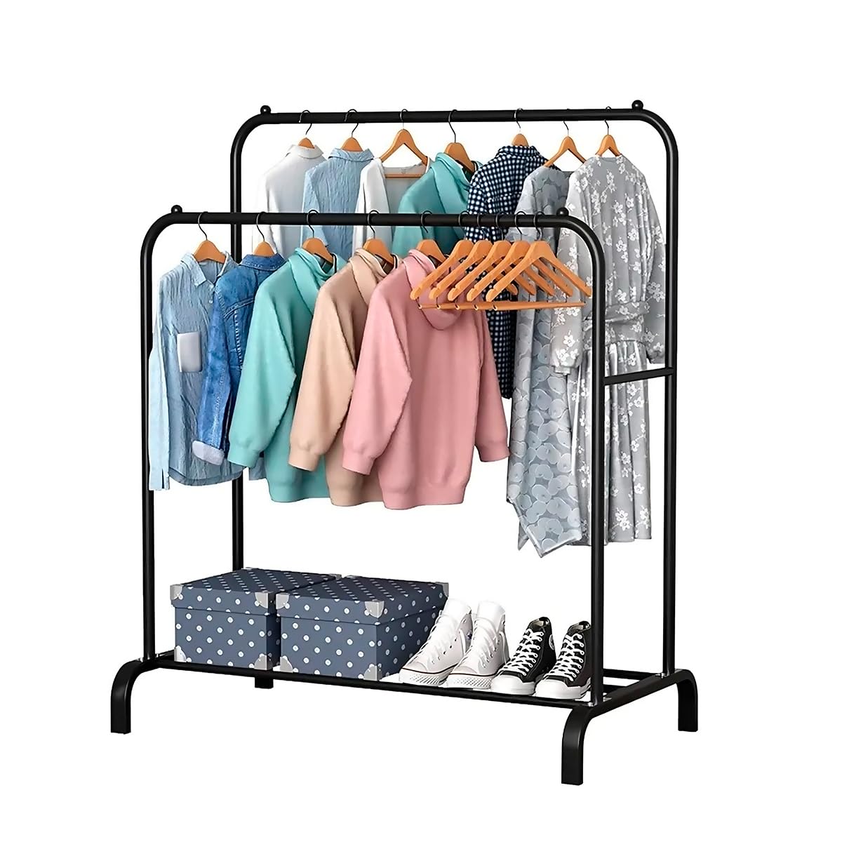 Raganet, Perchero para Ropa de Doble Poste, Closet Plegable de Acero Inoxidable, Organizador de Ropa, Calzado y Accesorios, Medidas 150 cm alto x 110 cm Largo x 57.5 cm Ancho (Negro)