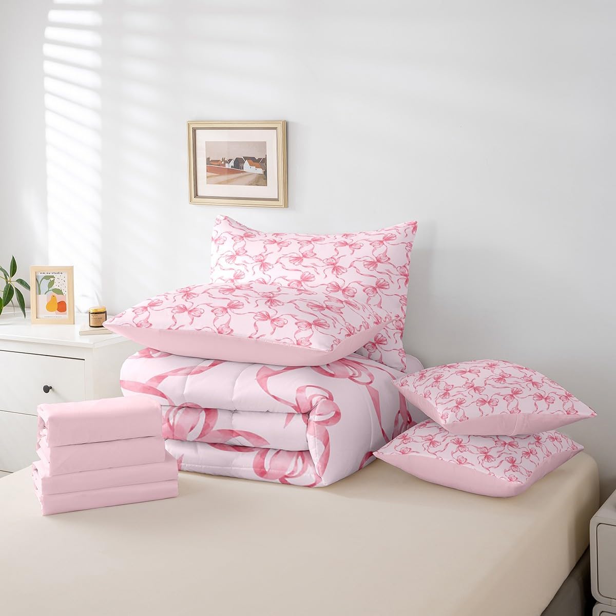 Feelyou Pink Bowknot Comforter Set with Sheets Dreamy Princess Bowknot 7 Piece Bedding Set Full Size Girls Bedroom Room Decor Cute Watercolor Pink Bow Girly Bed in a Bag Kawaii for All Season