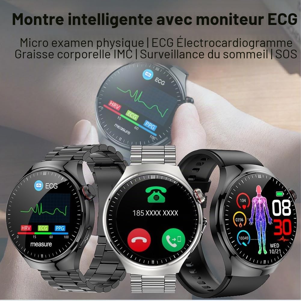 Montre Connectée ECG Homme, 1,43" AMOLED Montre Intelligente pour Composer Répondre aux Appels, Smartwatch avec SpO2 Fréquence Cardiaque, Message Notification pour Android iOS