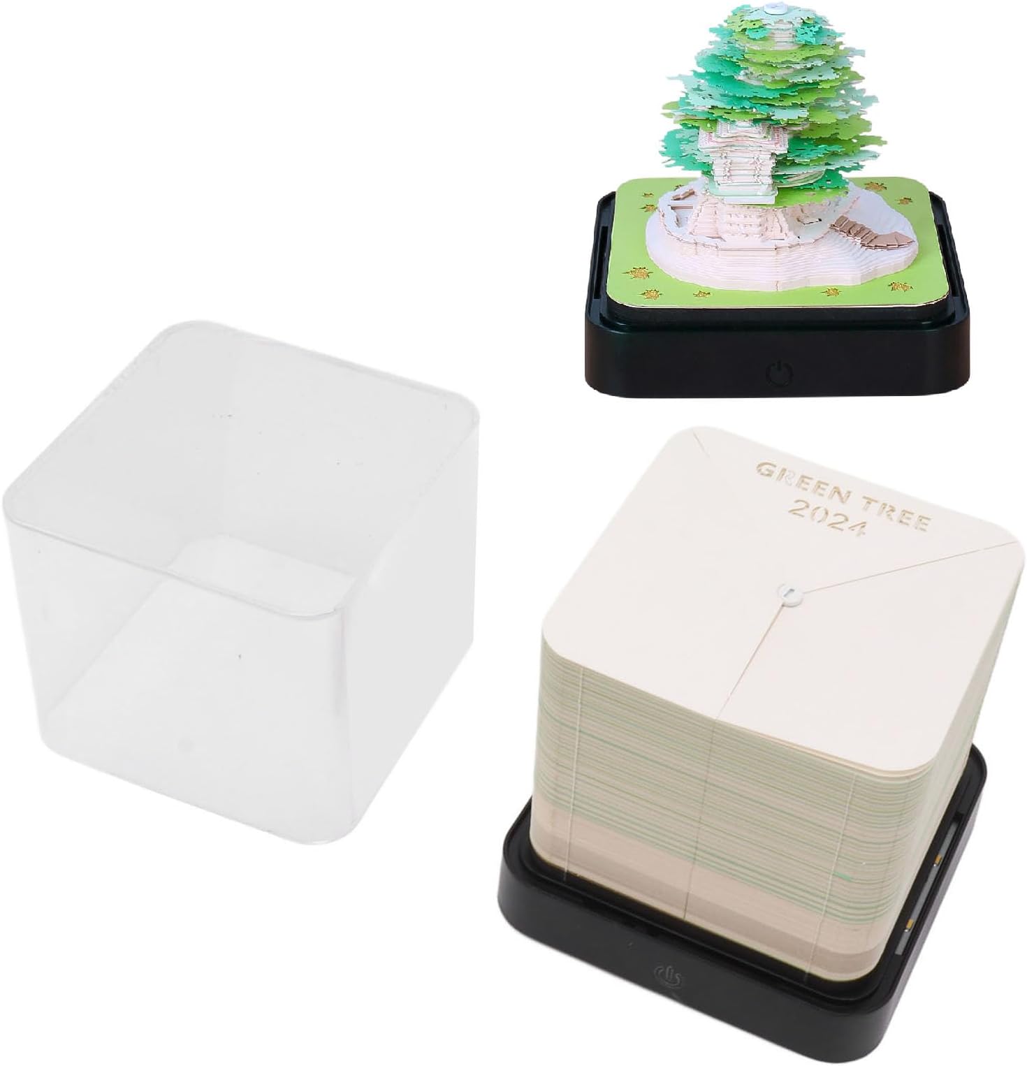 Luqeeg 3D Memo Pad, 2024 Desk Calendar, Multifunctional Lifelike 3D Paper Art Calendar Treehouse Notepad Calendar Paper Carving Gift with Light for Home Desk Office Birthday (Green)