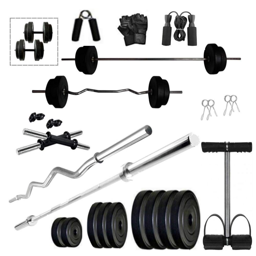tuffstuff 20 kg pvc weights with single spring tummy trimmer, waist trimmer, 5ft and 3ft barbell rods, 14' dumbbell rod set,home gym equipment,home gym equipments for men,