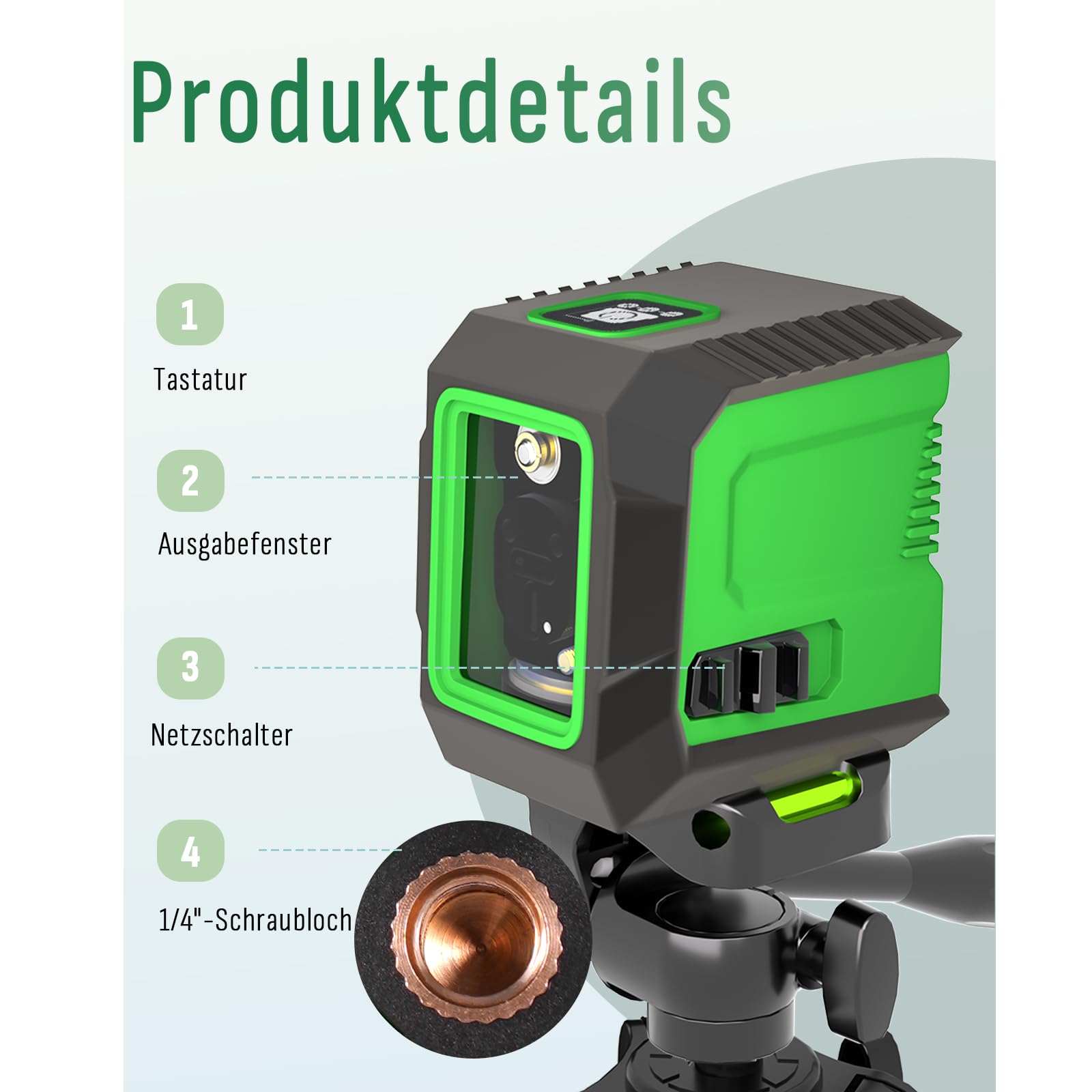 Kreuzlinienlaser mit 127 cm Stativ, Lusweimi Laser Wasserwaage, Grüner 360°-Selbstnivellierungs Laserstrahl, zum Aufhängen von Bildern/Baustellen/Inneneinrichtung/DIY, Mit 4xAA Batterien (Schwarz)