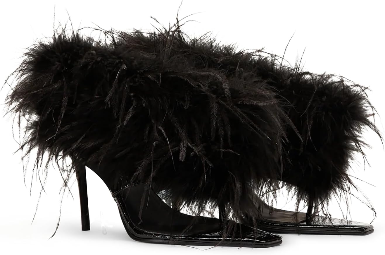 Flip Flop Open Toe Feather Heels Stiletto Booties Pointed Toe - Image 4