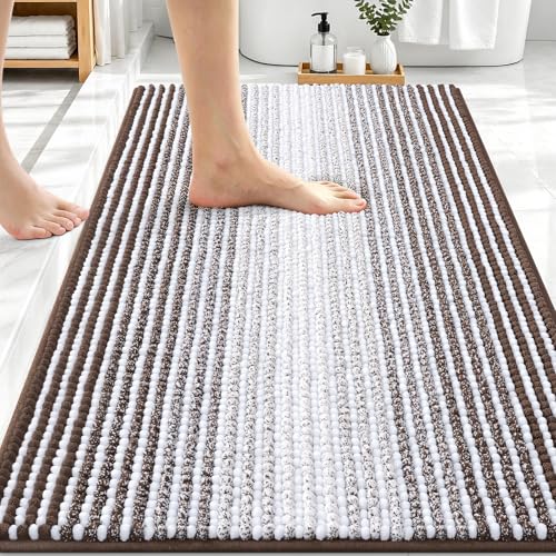 Image of OLANLY Bathroom Rugs 30x20, Extra Soft Absorbent Chenille Striped Bath Rugs, Rubber Backing, Machine Wash Dry, Bath Mats for Bathroom Floor, Tub and Shower, Home Decor Accessories, Brown