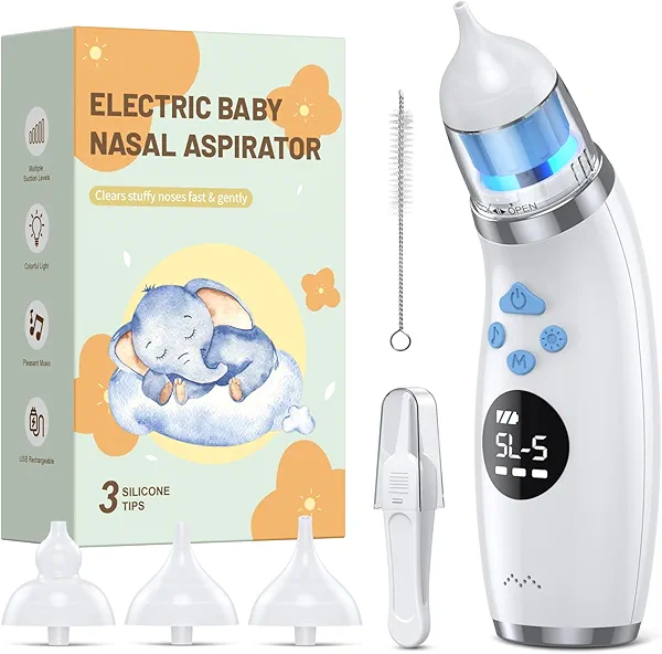 pudult Nasal Aspirator for Baby with Light and Music, Electric Babies Nose Sucker with 3 Soft Silicone Tips, 5 Levels Suction Adjustment Nose Cleaner for Kids Girl Boy Adult Pets