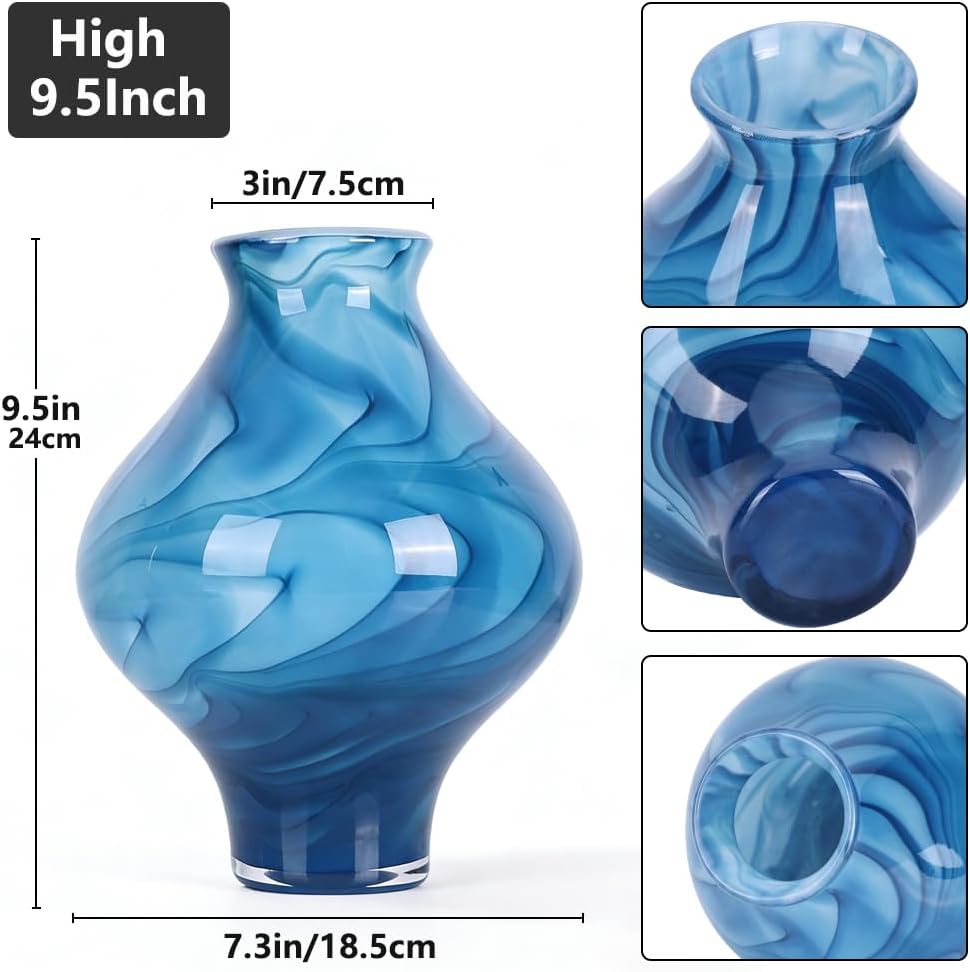 Hand Blown Blue Glass Vase 9.5in, Watertight Wide Mouth Ombre Swirl Colored Glass Vase for Flowers, Coastal Boho Tabletop Art Centerpiece for Living Room Dining Table Shelf Mantel