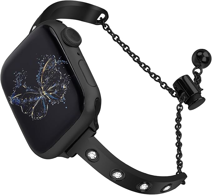 Stainless Steel Band Compatible with Apple Watch 38mm 40mm 41mm 42mm 44mm 45mm 46mm 49mm Pretty Luxury Strap with Sparkle Diamond, Dressy iWatch Bracelet, Bling Thin Band for Women