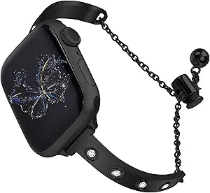 Stainless Steel Band Compatible with Apple Watch 38mm 40mm 41mm 42mm 44mm 45mm 46mm 49mm Pretty Luxury Strap with Sparkle Diamond, Dressy iWatch Bracelet, Bling Thin Band for Women