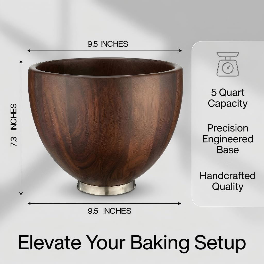 Premium Wood Mixing Bowl, Compatible with 4.5-5 Qt Tilt-Head Stand Mixers, Walnut Wooden Bowls, 5 Qt Kitchen Aid Bowls for Mixer with Stainless Steel Locking Base