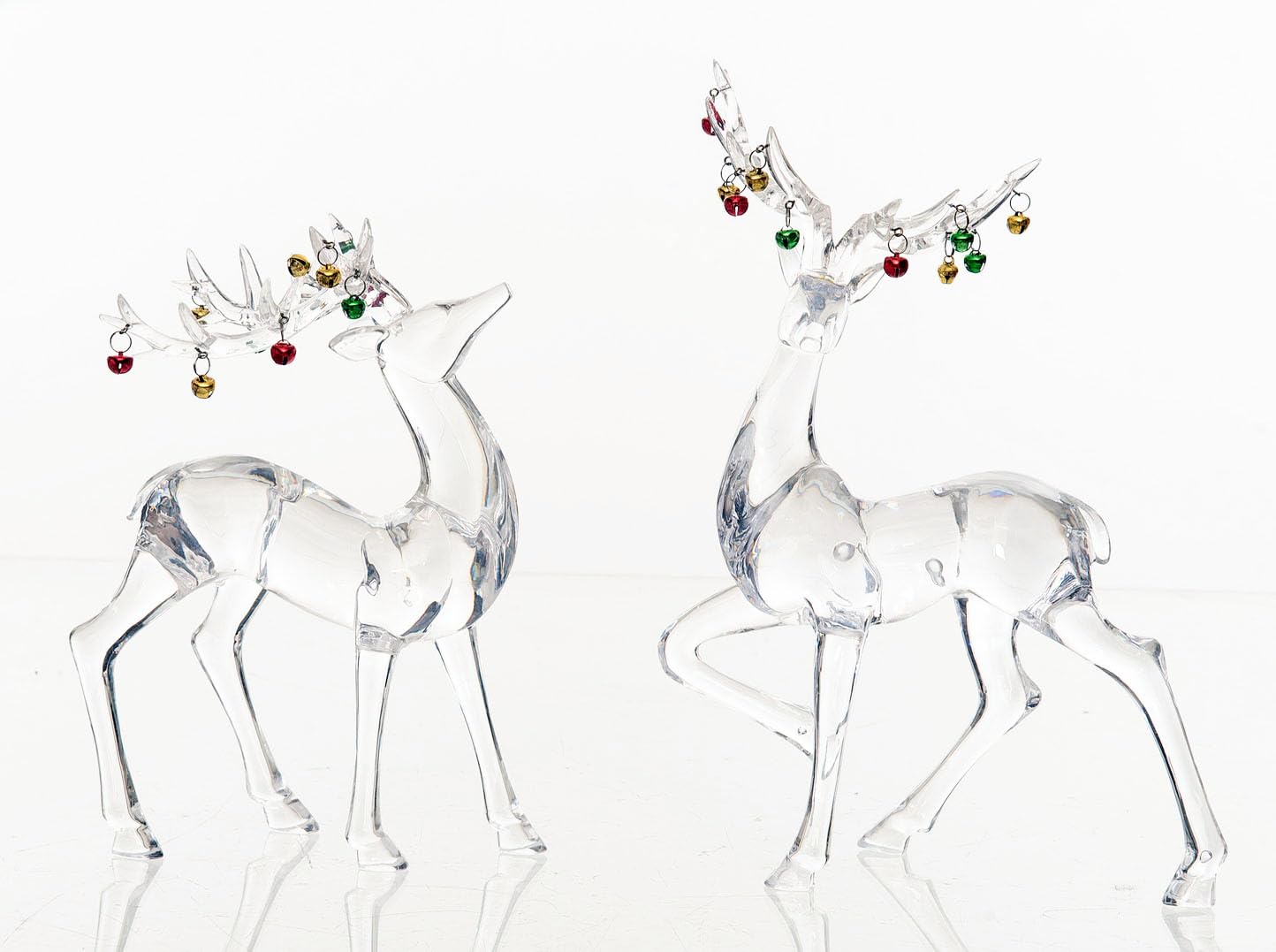 Juego de renos de Navidad de acrílico transparente de 2 pulgadas, cascabeles de Navidad en cuernos, figuras de ciervo navideñas, 10 y 11 pulgadas de alto, aspecto de vidrio cortado