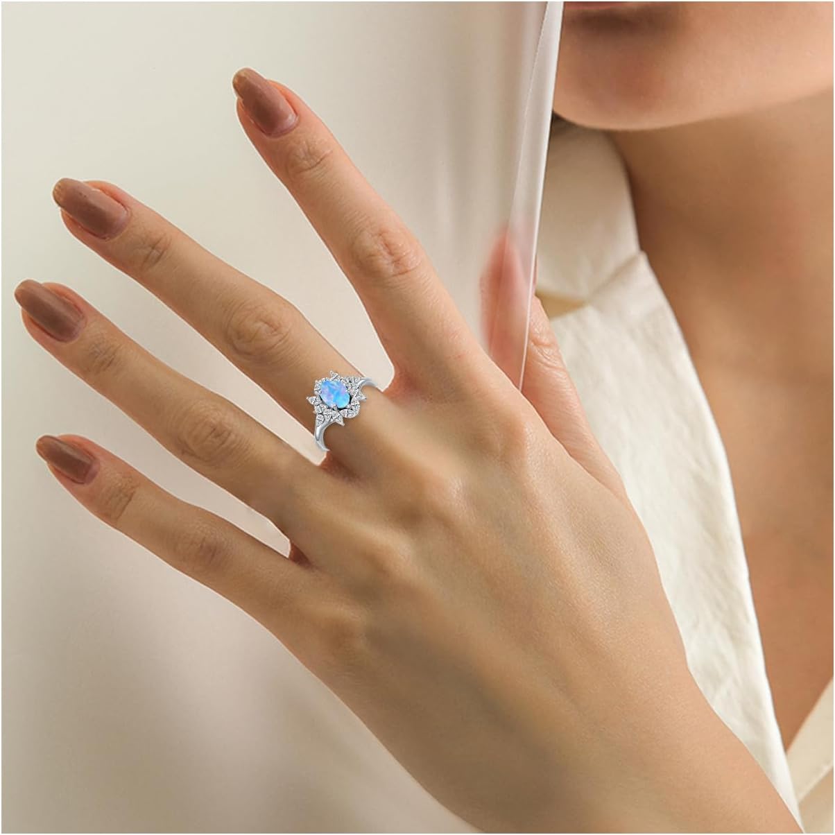 Sterling Silver 9 Colors Black Purple Opal Ring Opal Engagement Rings for Women Opal Promise Ring Opal Gemstone Oval Sunburst Halo Ring for Women Birthstone Anniversary Ring Size 5 to 9-1