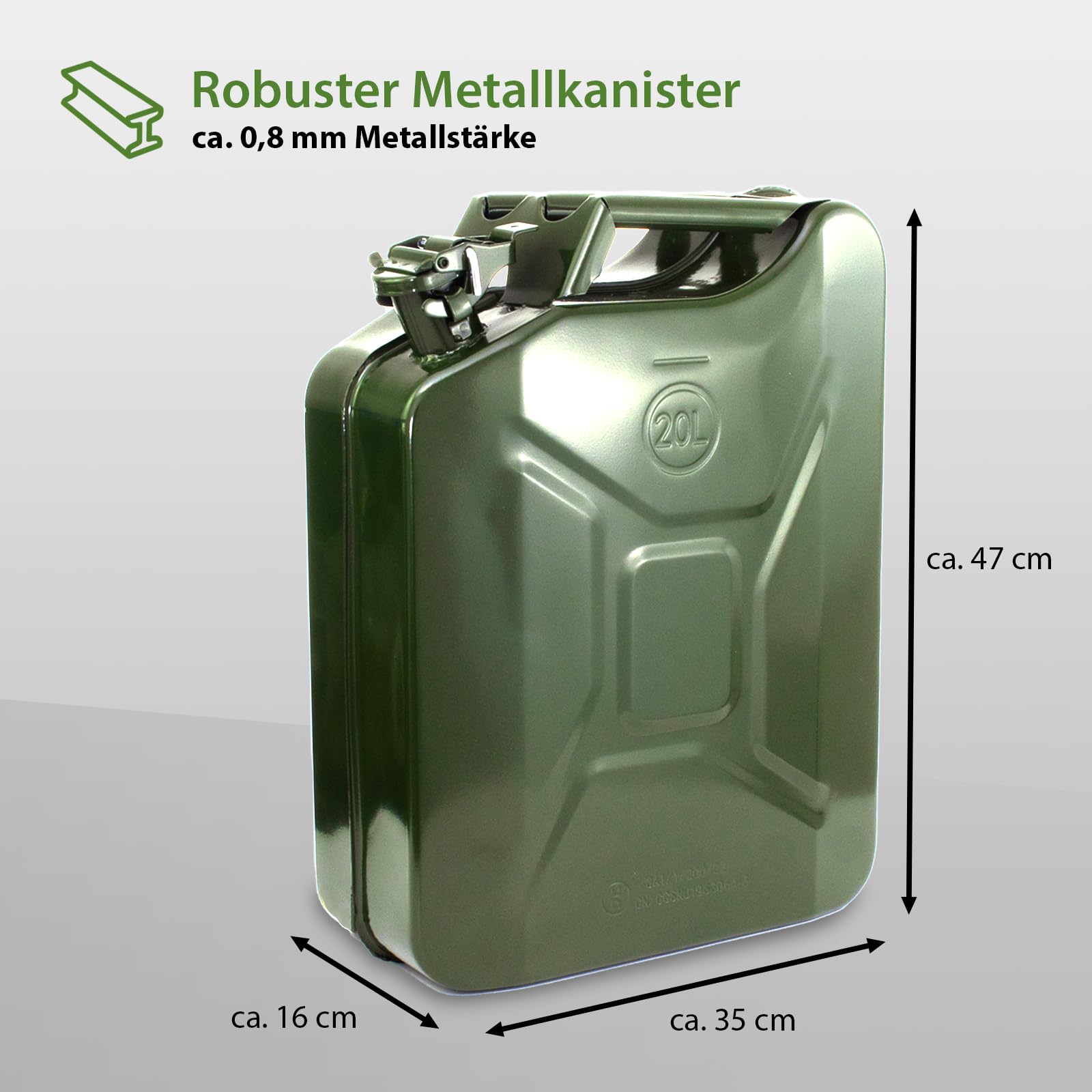 Kraftstoffkanister Metallkanister UN-Zulassung 20 Liter Olivgrün RAL6003 Benzinkanister Dieselkanister