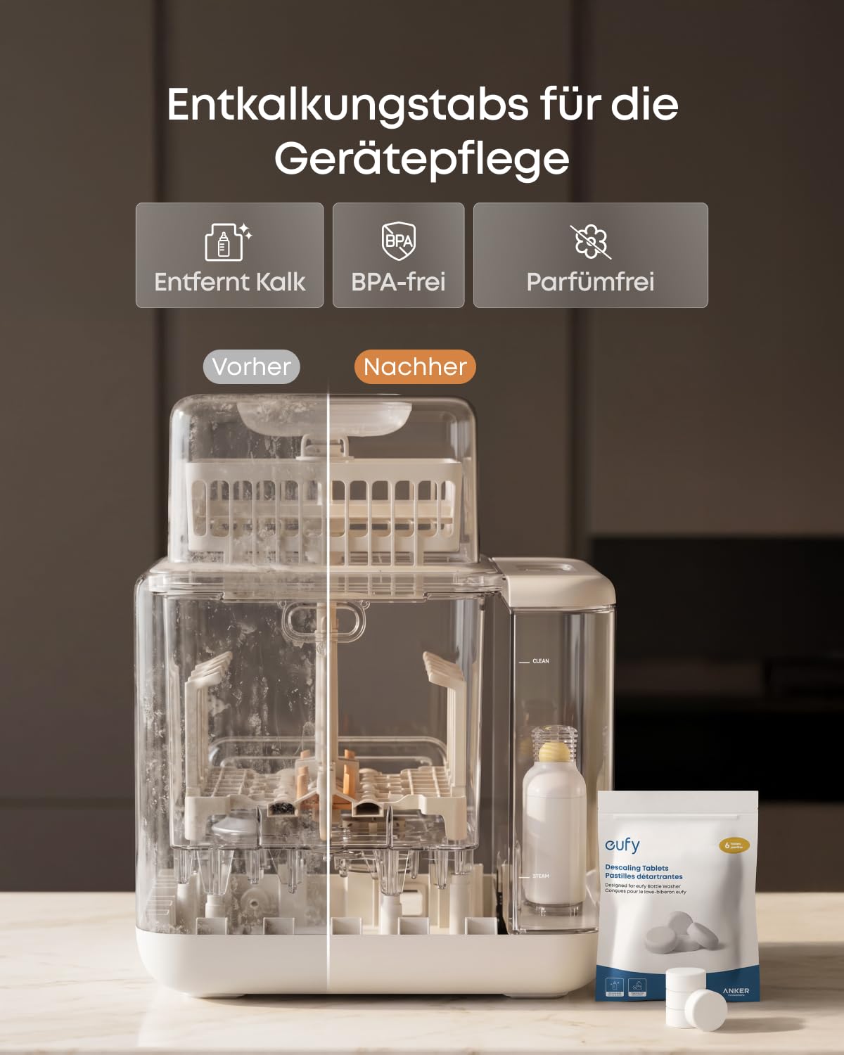 eufy 6-Monats-Reinigungsset für eufy Babyflaschen-Spülmaschine, mit Reinigungstabs (180 Stück), Entkalkungstabs (6 Stück) und Filter