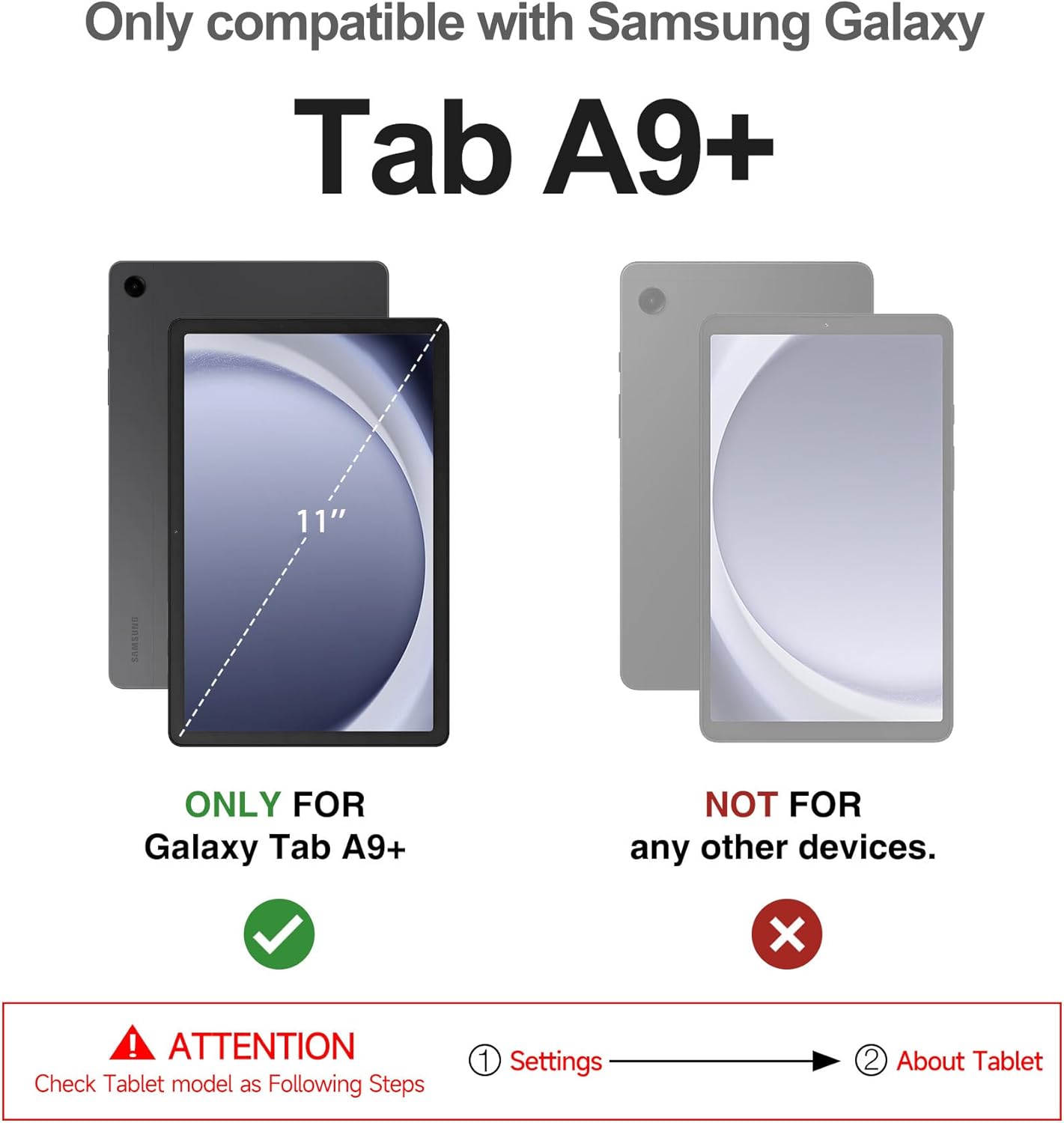 Compatibility diagram showing the Samsung Galaxy Tab A9 Plus 11-inch as compatible and other devices as incompatible.