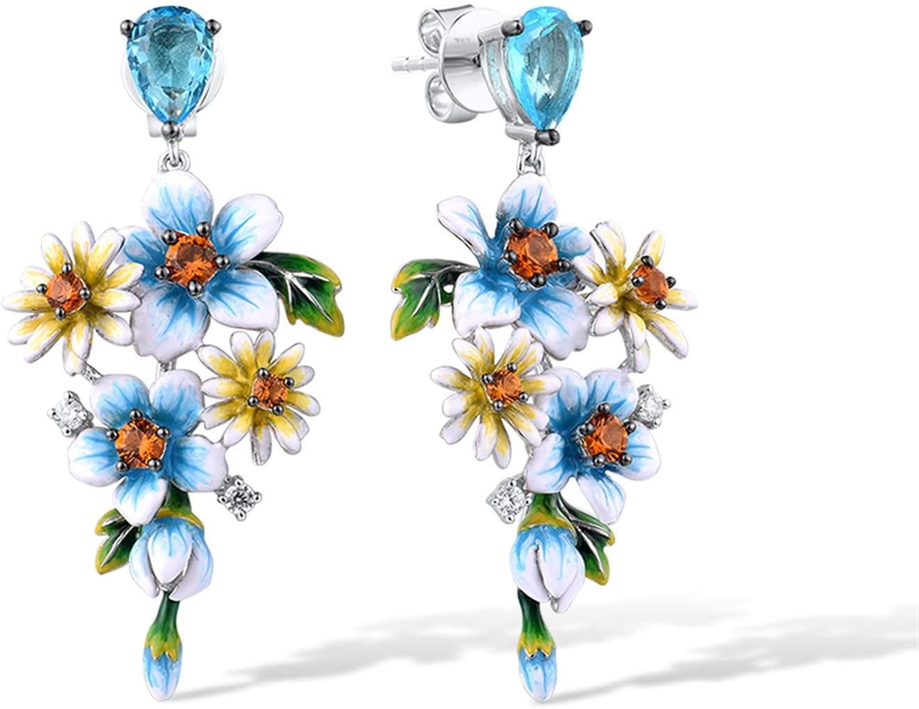 925 Sterling Silver Gemstone Enamel Flower Earrings