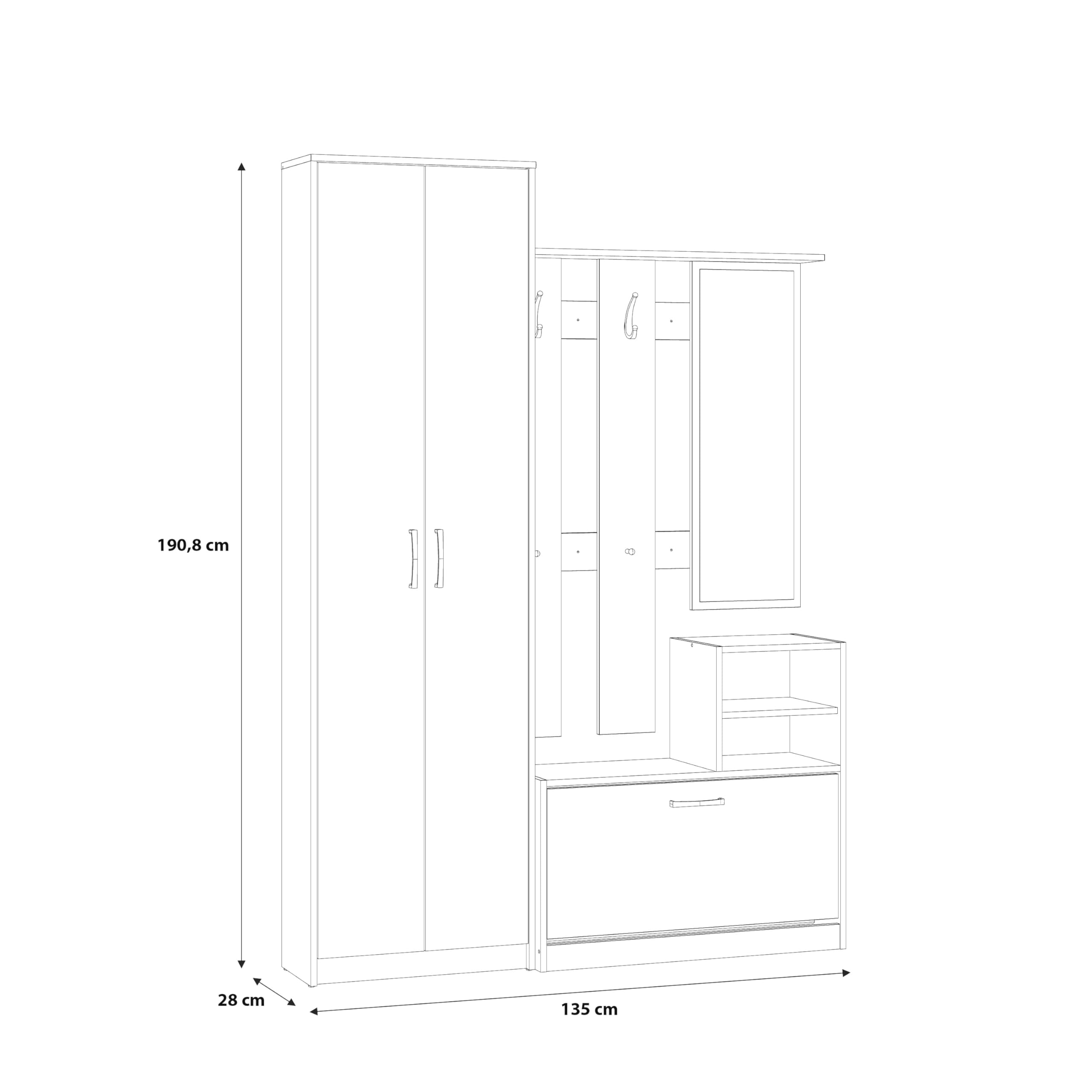 Forte NIKO Garderobenschrank 130 140, Skandi-Mehrzweckschrank, 2-türig, 1 Schublade, Spiegel, Haken, Flur, Artisan Eiche Holzdekor, 135 cm breit x 190,8 cm hoch x 28 cm tief