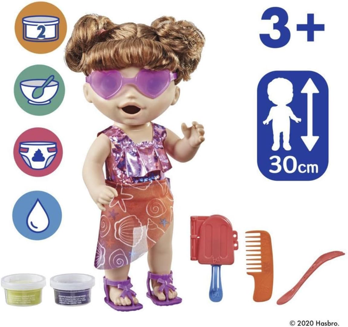 Baby Alive Sunshine Snacks Doll, Eats and Poops, Summer-Themed Waterplay Baby Doll, Ice Pop Mold, Toy for Kids Ages 3 and Up, Brown Hair