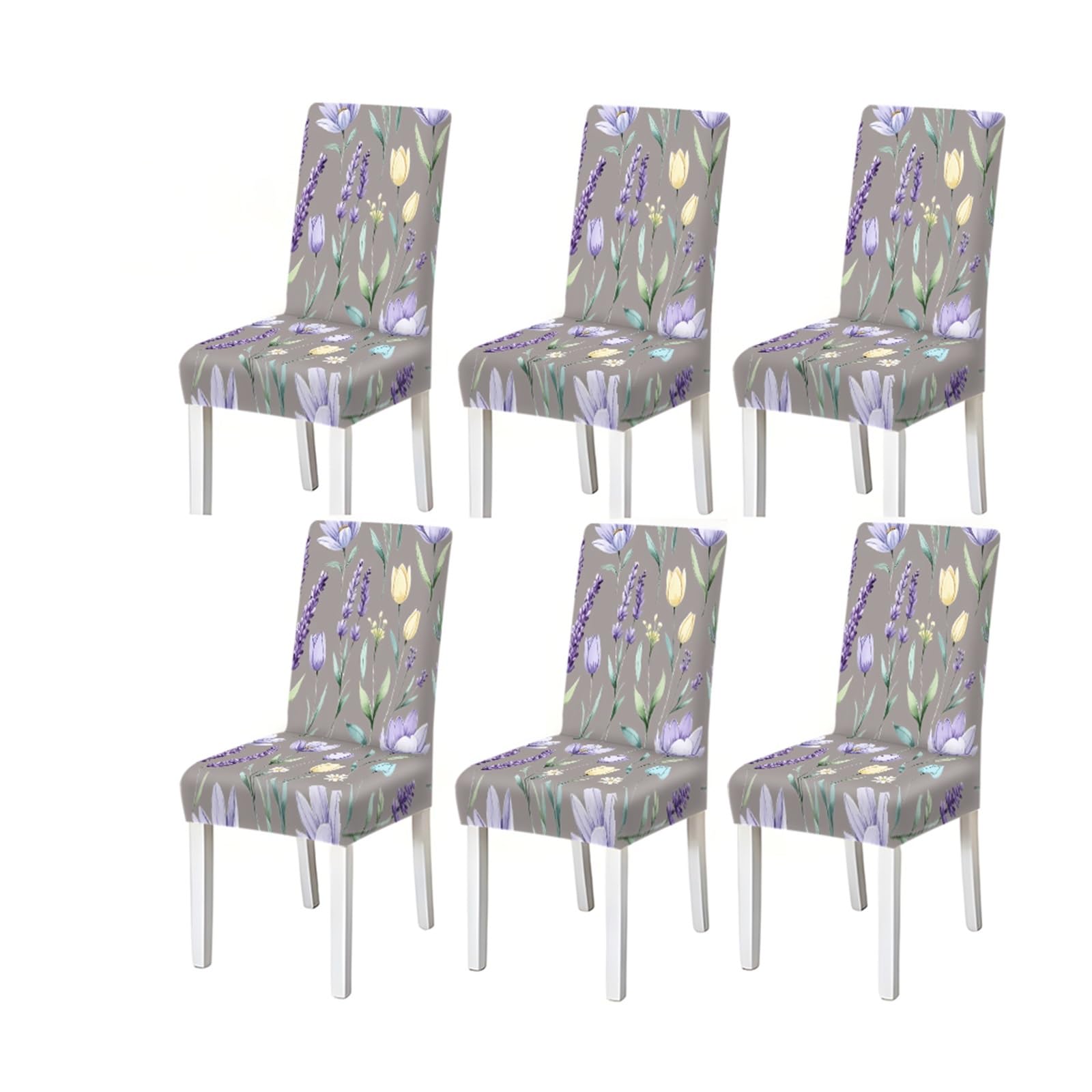 KXUAUV Grey Lavender Tulip Wildflower Botanical Print Dining Chair Covers, Stretch Slipcovers For Home Kitchen Dining Room Party, 2/4/6PCS Seat Protectors for Restaurant Hotel Party(6PCSChair cover)