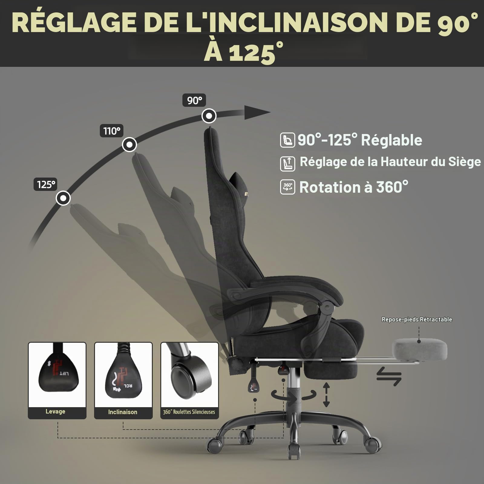 Chaise Gaming Chaise Ergonomique Bureau,Fauteuil Game Repose-Pieds Rétractable & Dossier Réglable,Confort Tissu Velours, Noir